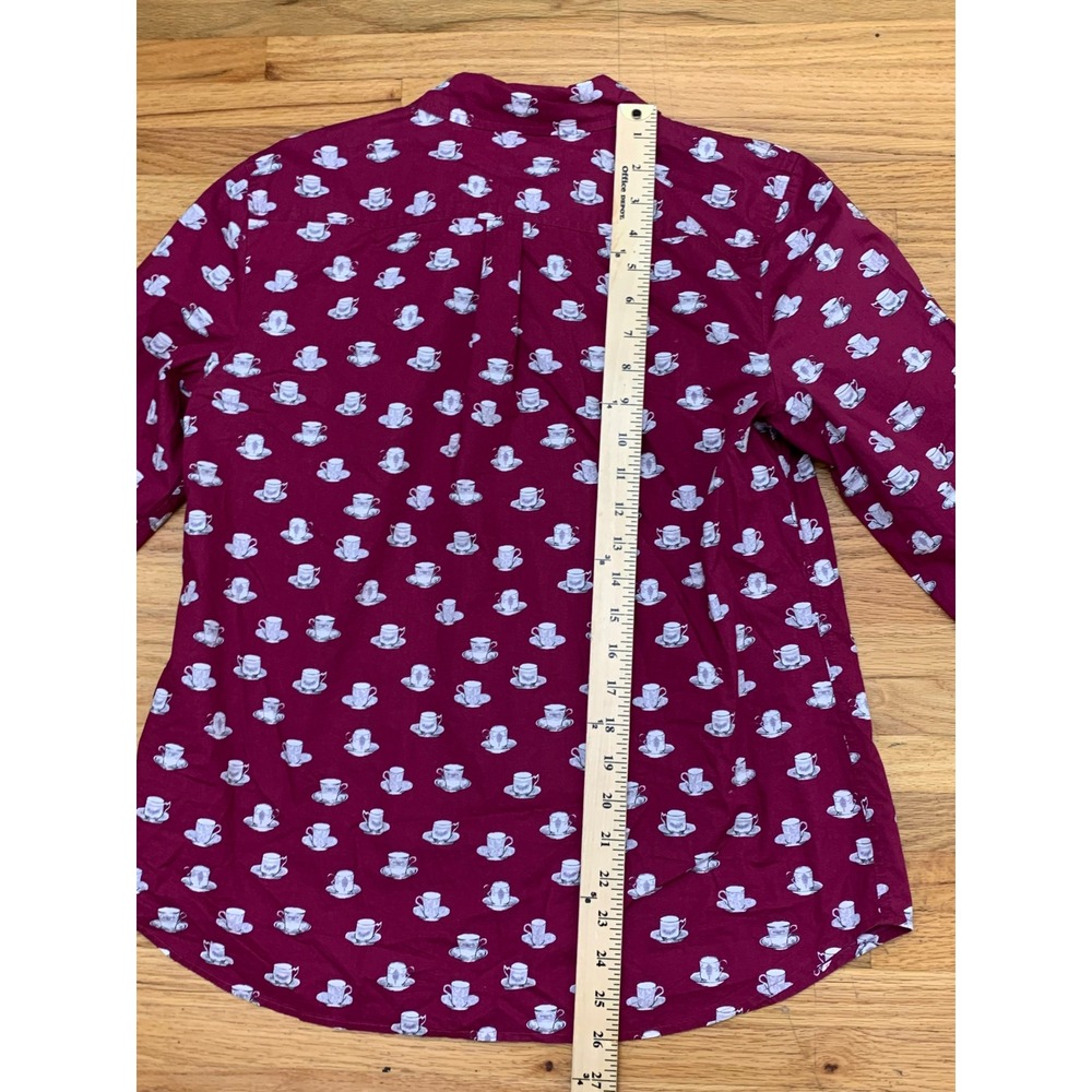 Talbots Women's Burgundy Teacup Print Cotton Button Down Shirt M Long Sleeve - Picture 6 of 9